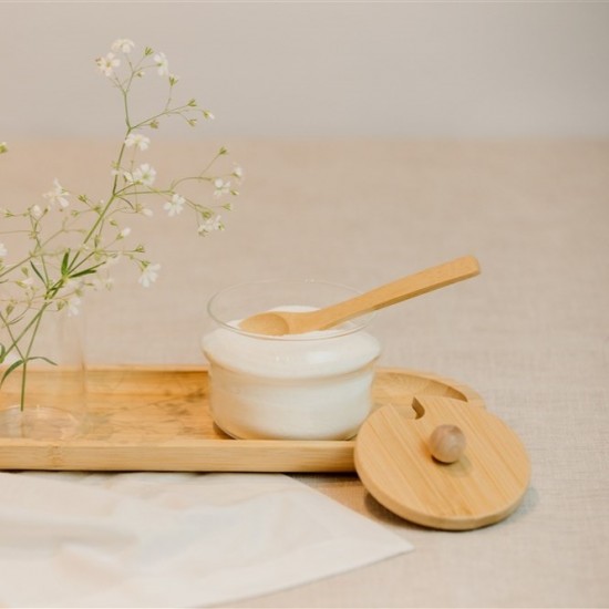 Açucareiro de vidro com tampa de bambu